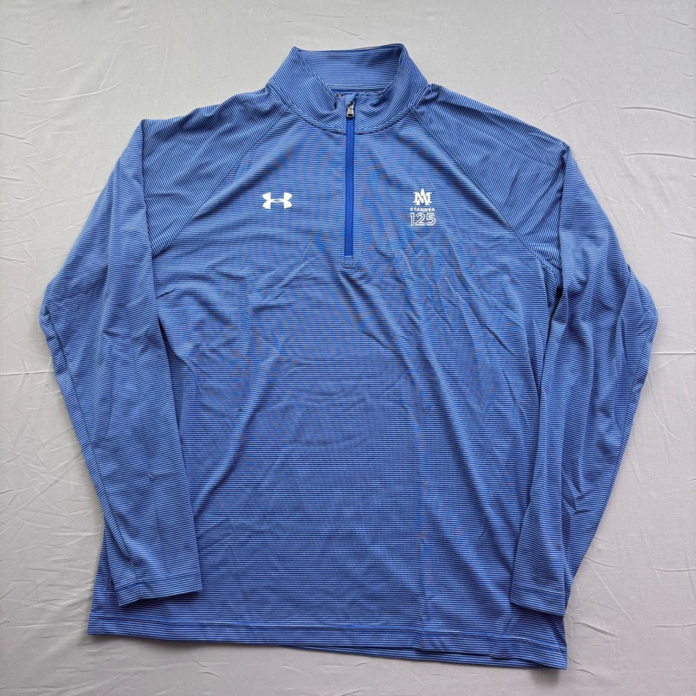 Under Armour Mens XL HeatGear Blue Stripe 1/4 Zip Pullover AM Stanner 125 Logo